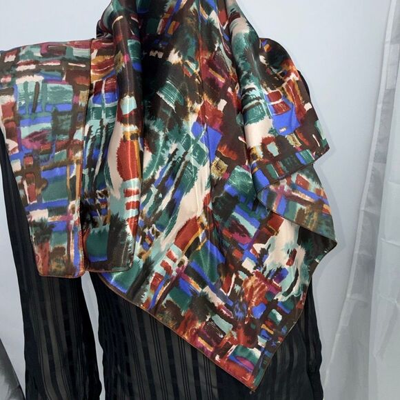 Vintage 80s Mademoiselle Large Square Satin Scarf 31x30 Abstract Green Red Cobal - Picture 11 of 11